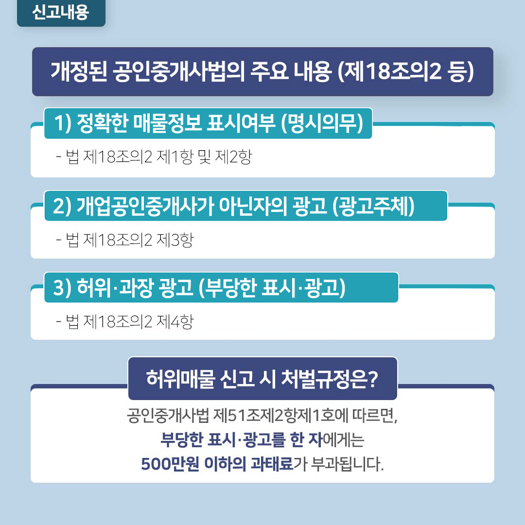 신고내용: 개정된 공인중개사법의 주요 내용 (제18조의2 등). 1)정확한 매물정보 표시여부 (명시의무) -법 제18조의2 제1항 및 제2항. 2)개업공인중개사가 아닌자의 광고 (광고주체) -법 제18조의2 제3항. 3)허위·과장 광고 (부당한 표시·광고) -법 제18조의2 제4항. 허위매물 신고 시 처벌규정은? 공인중개사법 제51조제2항제1호에 따르면, 부당한 표시·광고를 한 자에게는 500만원 이하의 과태료가 부과됩니다.