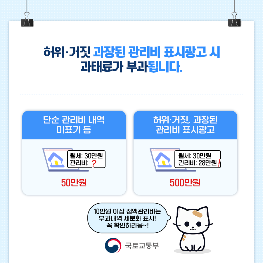 허위·거짓 과장된 관리비 표시광고 시 과태료가 부과됩니다. 단순 관리비 내역 미표기 경우. 월세: 30만원 관리비: ? 50만원. 허위·거짓, 과장된 관리비 표시광고. 월세: 30만원 관리비: 28만원 500만원. 10만원 이상 정액관리비는 부과내역 세분화 표시! 꼭 확인하라옹~! 국토교통부